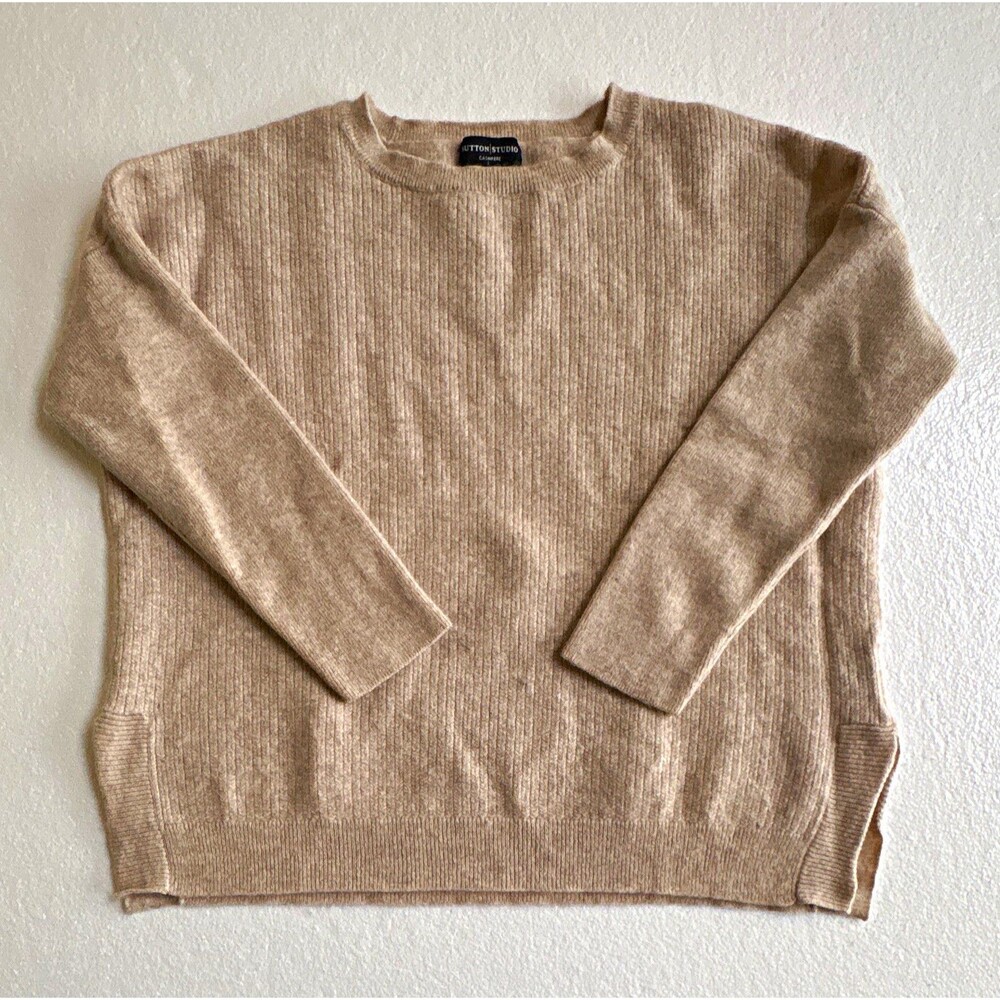 Sutton Studio 100% Cashmere Beige Ribbed Knit Crew Neck 3/4 Sleeve Pullover L